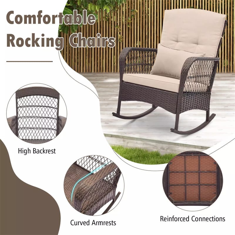 3PCS Patio Rocking Wicker Bistro Set Outdoor Rattan Rocker Chair Set with 2-Layer Coffee Table, Seat Back Cushions & Pillows for Porch Poolside