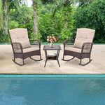 3PCS Patio Rocking Wicker Bistro Set Outdoor Rattan Rocker Chair Set with 2-Layer Coffee Table, Seat Back Cushions & Pillows for Porch Poolside