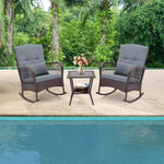 3PCS Patio Rocking Wicker Bistro Set Outdoor Rattan Rocker Chair Set with 2-Layer Coffee Table, Seat Back Cushions & Pillows for Porch Poolside