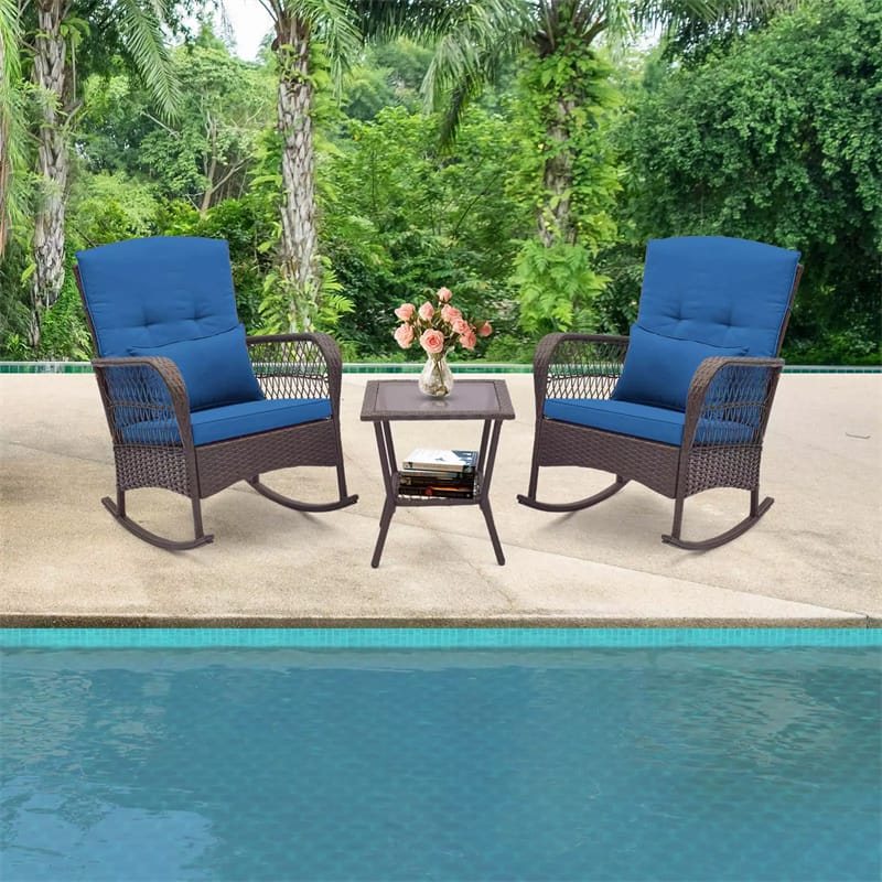 3PCS Patio Rocking Wicker Bistro Set Outdoor Rattan Rocker Chair Set with 2-Layer Coffee Table, Seat Back Cushions & Pillows for Porch Poolside