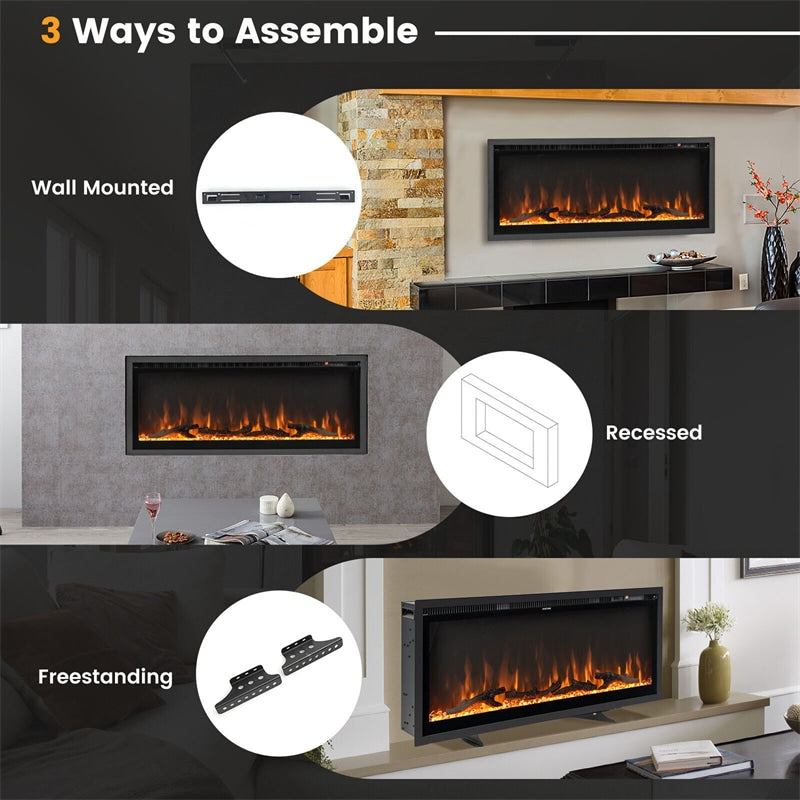 42" Linear Electric Fireplace Wall Mounted Freestanding Recessed 1500W Slim Fireplace Heater with Remote Control