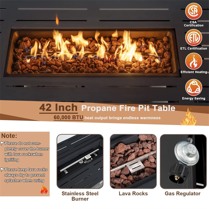 42" Rectangular Propane Fire Pit Table 60,000 BTU Gas Fire Pit with Solid Steel Frame & Waterproof Cover for Patio Backyard