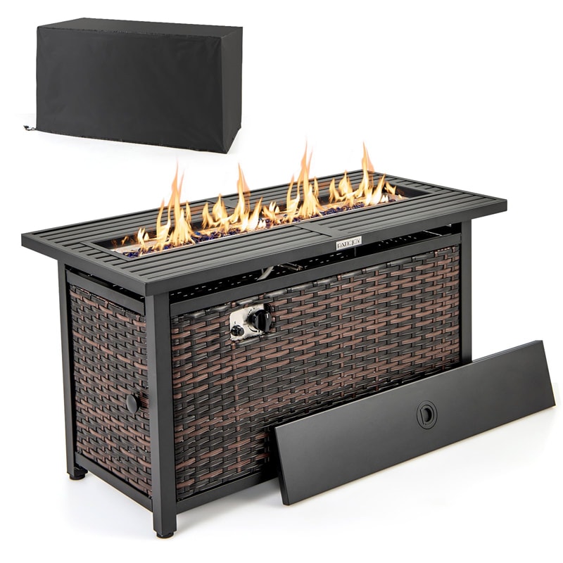 45" Rattan Propane Fire Pit Table 50,000 BTU Outdoor Rectangle Fire Pit with Glass Stones, Protective Cover, Heavy-Duty Metal Frame & Tabletop