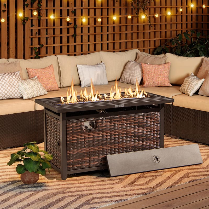 45" Rattan Propane Fire Pit Table 50,000 BTU Outdoor Rectangle Fire Pit with Glass Stones, Protective Cover, Heavy-Duty Metal Frame & Tabletop