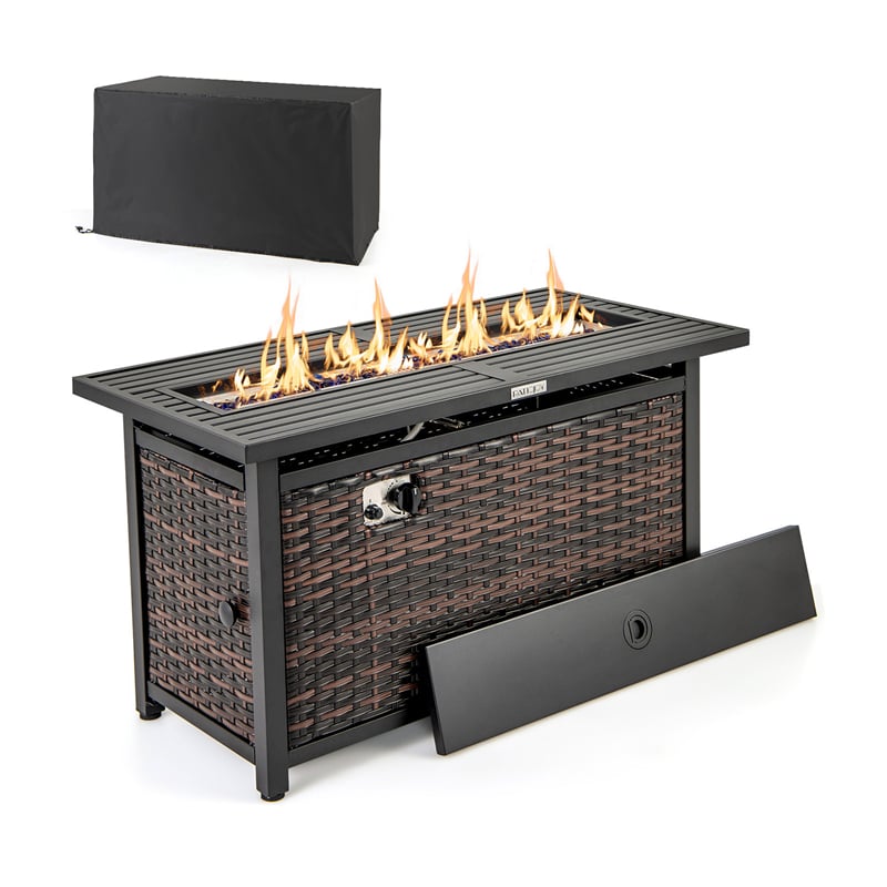 45" Rattan Propane Fire Pit Table 50,000 BTU Outdoor Rectangle Fire Pit with Glass Stones, Protective Cover, Heavy-Duty Metal Frame & Tabletop