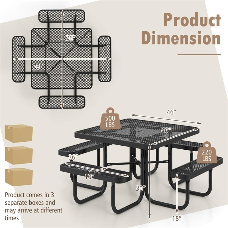 46" Thermoplastic Coated Steel Picnic Table Bench Set for 8 People, Outdoor Camping Table Square Commercial Picnic Table with Umbrella Hole