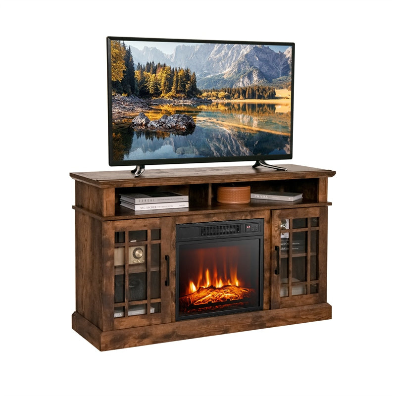 48" Fireplace TV Stand for TVs up to 50", Wood Entertainment Center TV Console with 18" Electric Fireplace, 2 Open Shelves & Cabinets