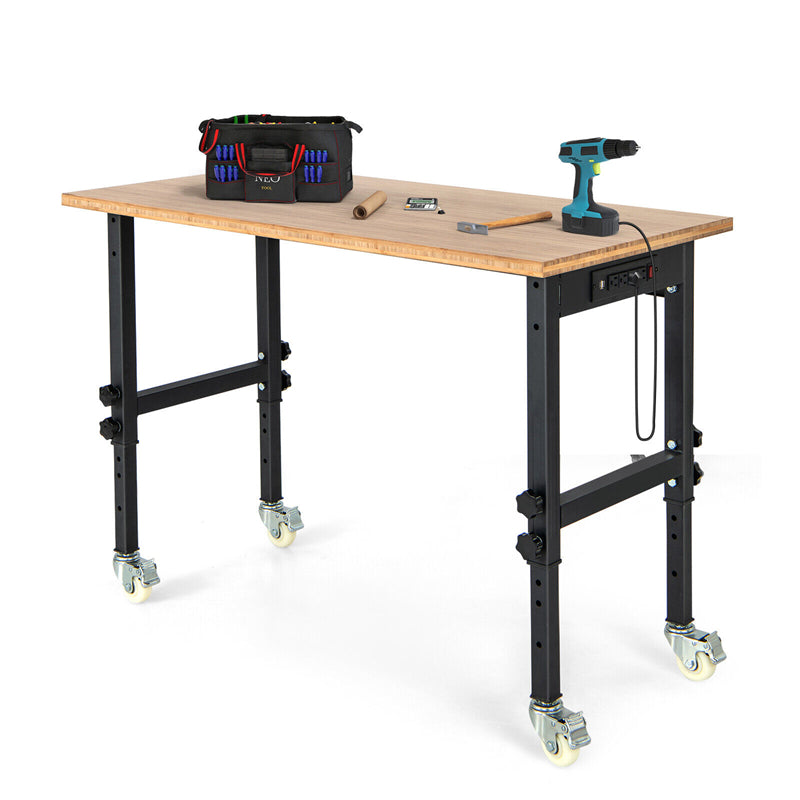 48” Heavy-Duty Mobile Workbench Adjustable Height Work Table with Power Outlet & Removable Wheels for Garage Home Workshop