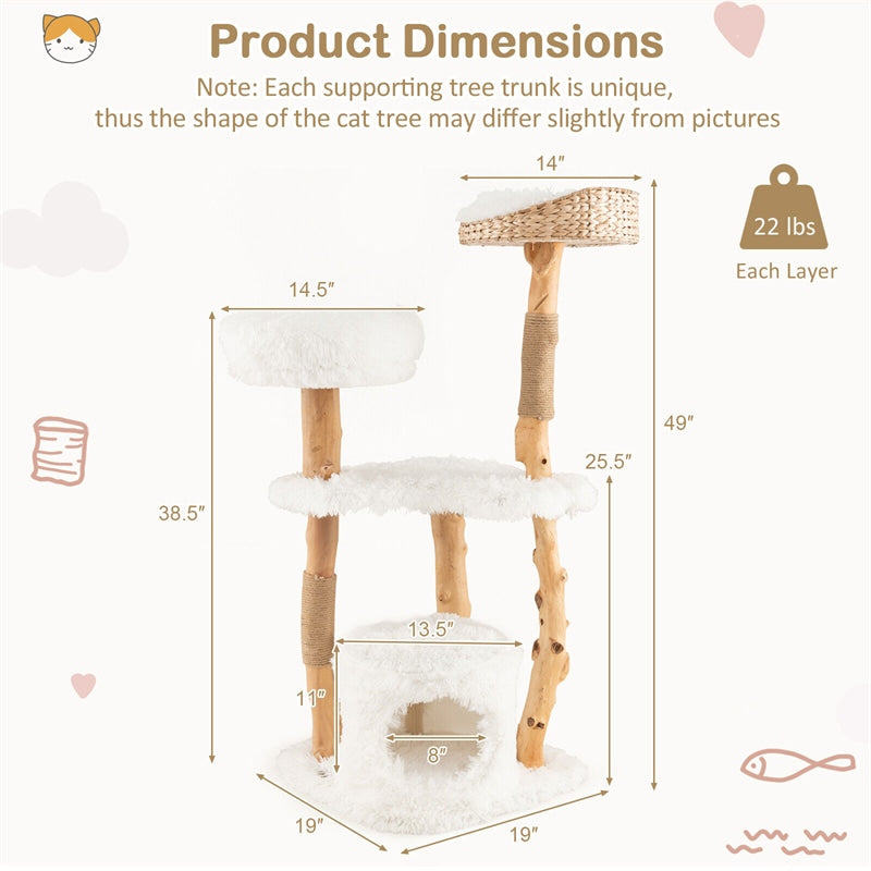 49" Tall Modern Cat Tree Solid Wood Cat Tower with Top Cattail Basket Cat Bed & Jute Scratching Posts