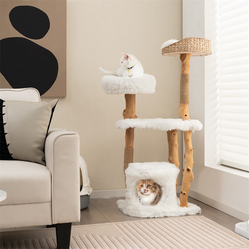 49" Tall Modern Cat Tree Solid Wood Cat Tower with Top Cattail Basket Cat Bed & Jute Scratching Posts