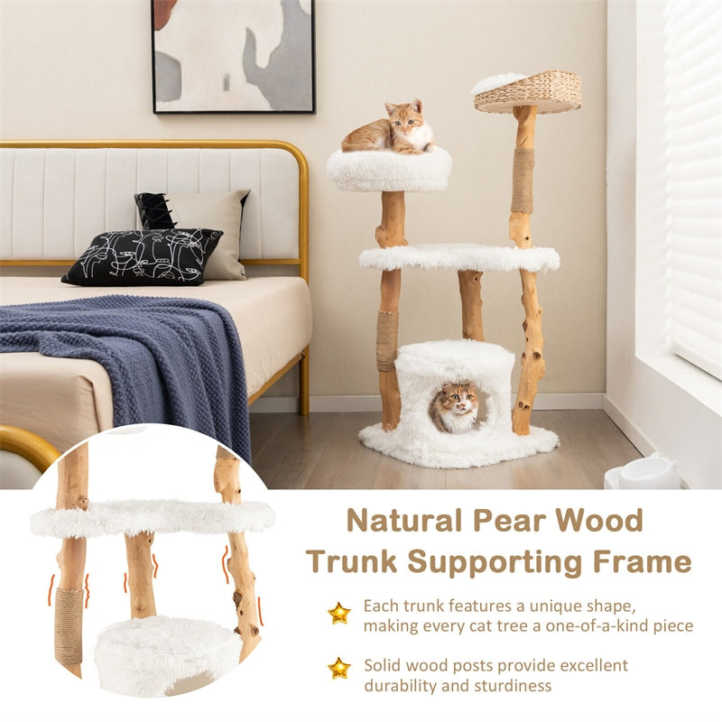 49" Tall Modern Cat Tree Solid Wood Cat Tower with Top Cattail Basket Cat Bed & Jute Scratching Posts