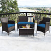 4PCS Patio Rattan Conversation Furniture Set with Cushions & Tempered Glass Coffee Table, Outdoor Rattan Sofa Set for Garden Lawn Poolside