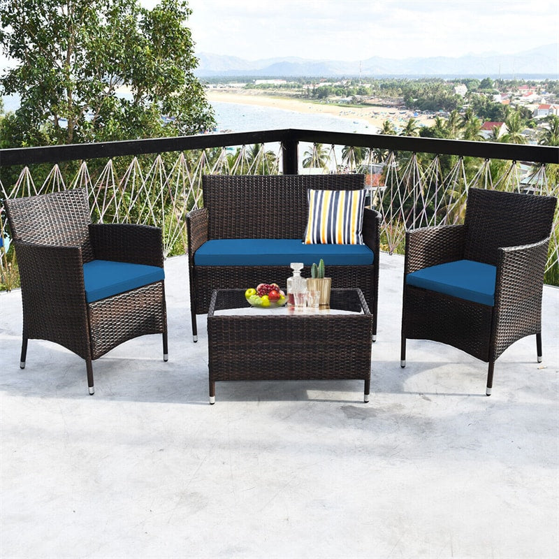 4 Pcs Rattan Patio Conversation Set Wicker Outdoor Furniture Set with Cushions & Coffee Table