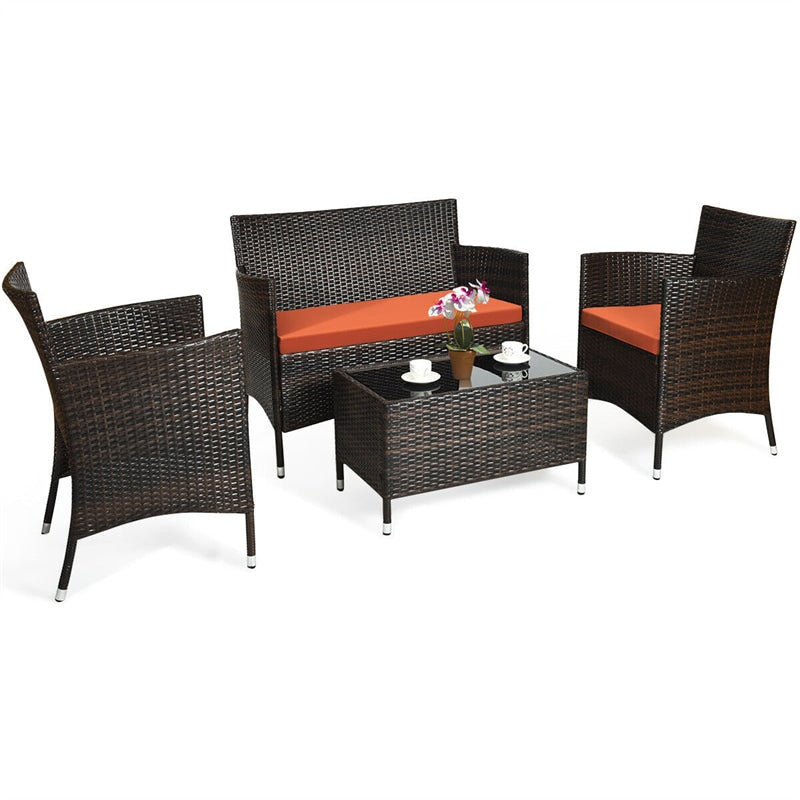 4 Pcs Rattan Patio Conversation Set Wicker Outdoor Furniture Set with Cushions & Coffee Table