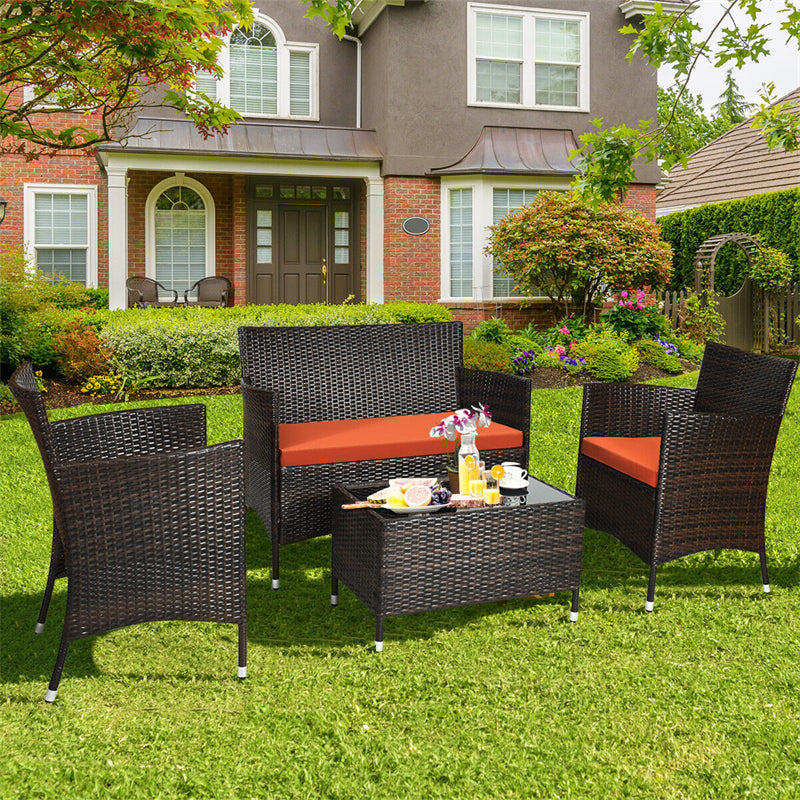 4 Pcs Rattan Patio Conversation Set Wicker Outdoor Furniture Set with Cushions & Coffee Table