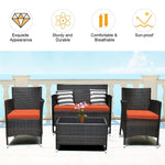 4PCS Patio Rattan Conversation Furniture Set with Cushions & Tempered Glass Coffee Table, Outdoor Rattan Sofa Set for Garden Lawn Poolside