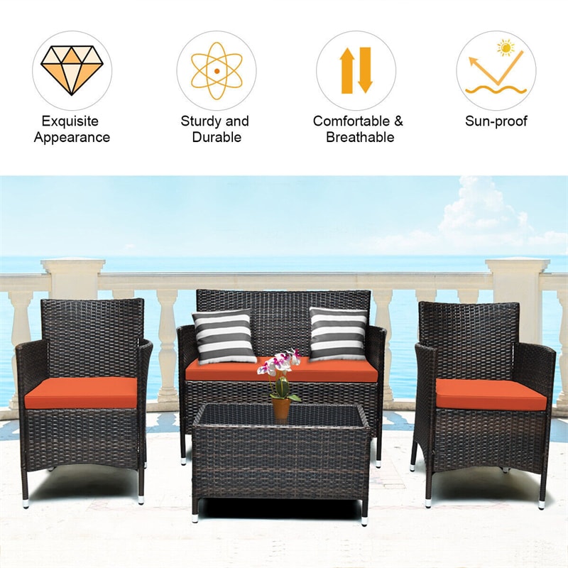 4 Pcs Rattan Patio Conversation Set Wicker Outdoor Furniture Set with Cushions & Coffee Table