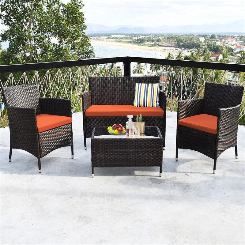 4PCS Patio Rattan Conversation Furniture Set with Cushions & Tempered Glass Coffee Table, Outdoor Rattan Sofa Set for Garden Lawn Poolside