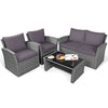 4PCS Patio Rattan Furniture Set Outdoor Conversation Set Wicker Sectional Loveseat Sofa with Cushions, Tempered Glass Table, Storage Shelf