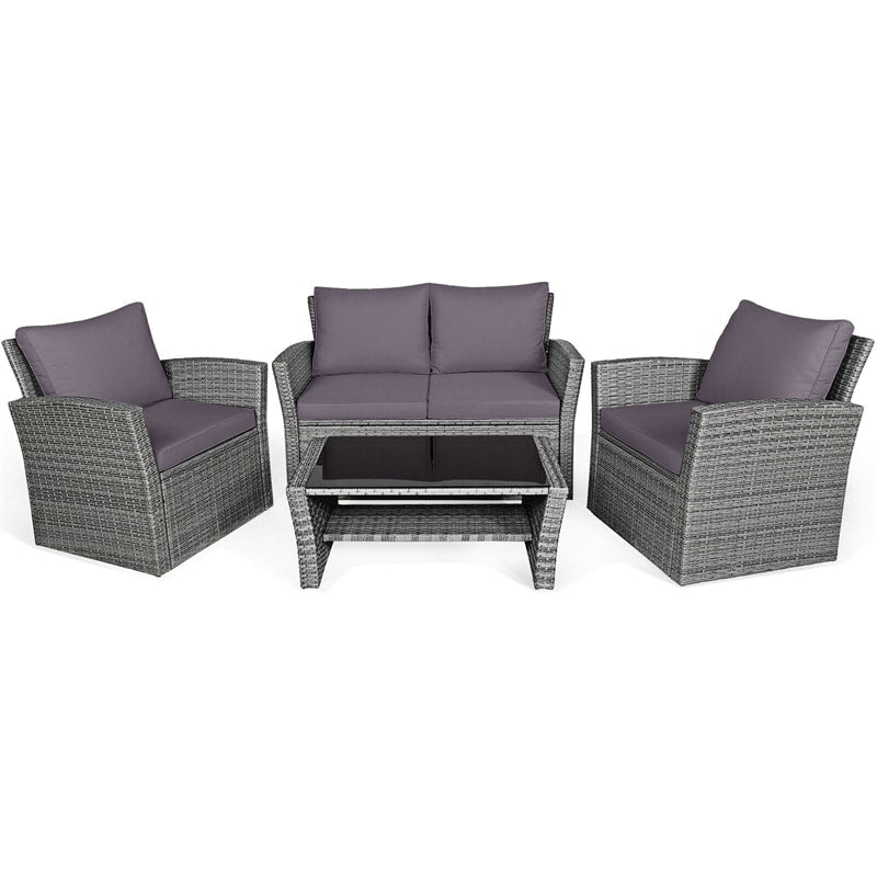 4PCS Patio Rattan Furniture Set Outdoor Conversation Set Wicker Sectional Loveseat Sofa with Cushions, Tempered Glass Table, Storage Shelf