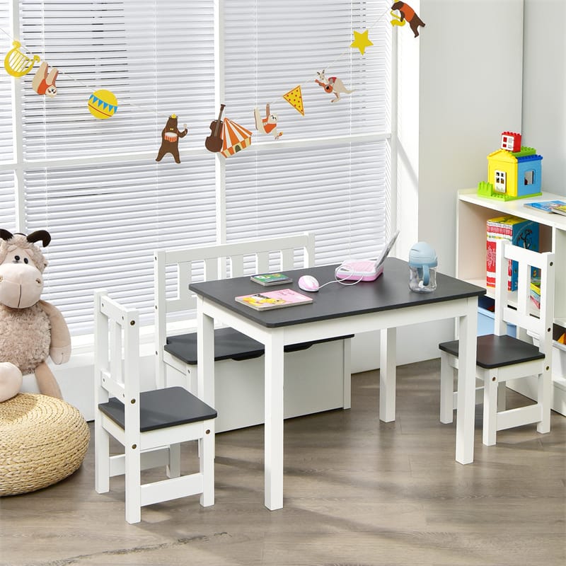 4 Piece Wooden Kids Activity Table & Chairs Set with Toy Storage Bench for Children Playroom