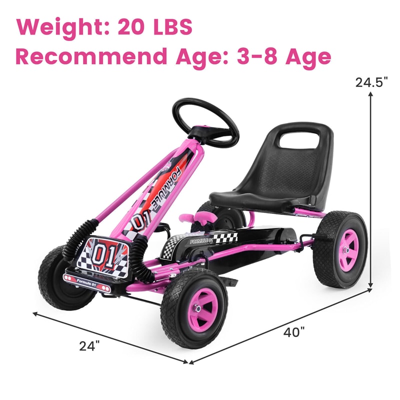 Kids Ride On Pedal Go Kart 4 Wheel Pedal Kart Off-Road Go Kart Racer Car with Adjustable Seat