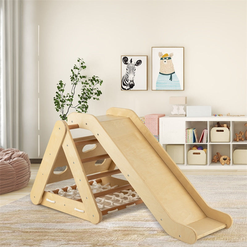 3-Side Wooden Triangle Climber with Slide Ramp, Climbing Net & Board, 4-in-1 Pikler Triangle Ladder Montessori Climbing Toys for Toddlers