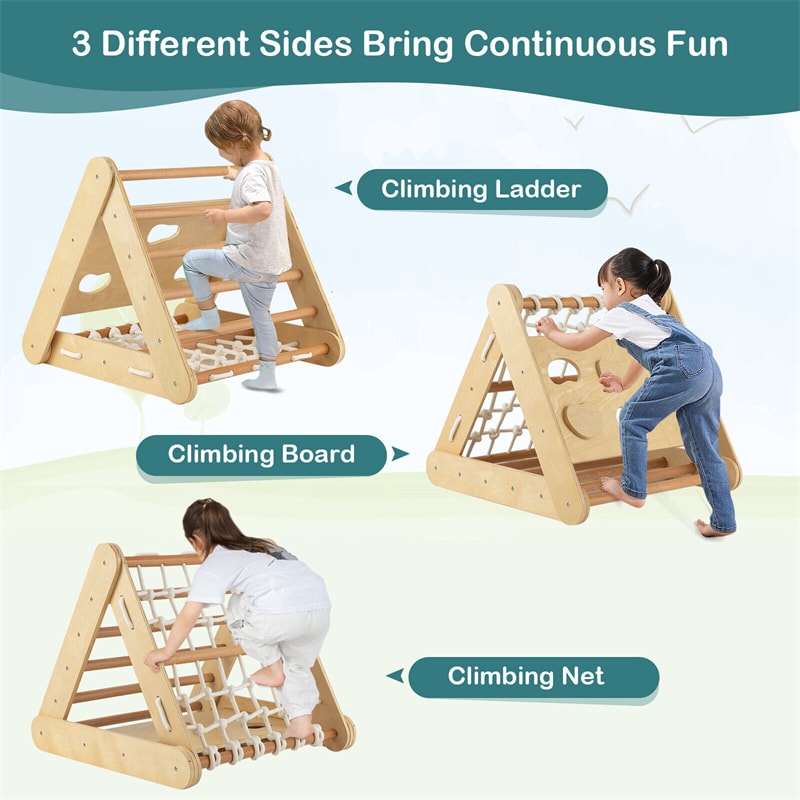 3-Side Wooden Triangle Climber with Slide Ramp, Climbing Net & Board, 4-in-1 Pikler Triangle Ladder Montessori Climbing Toys for Toddlers