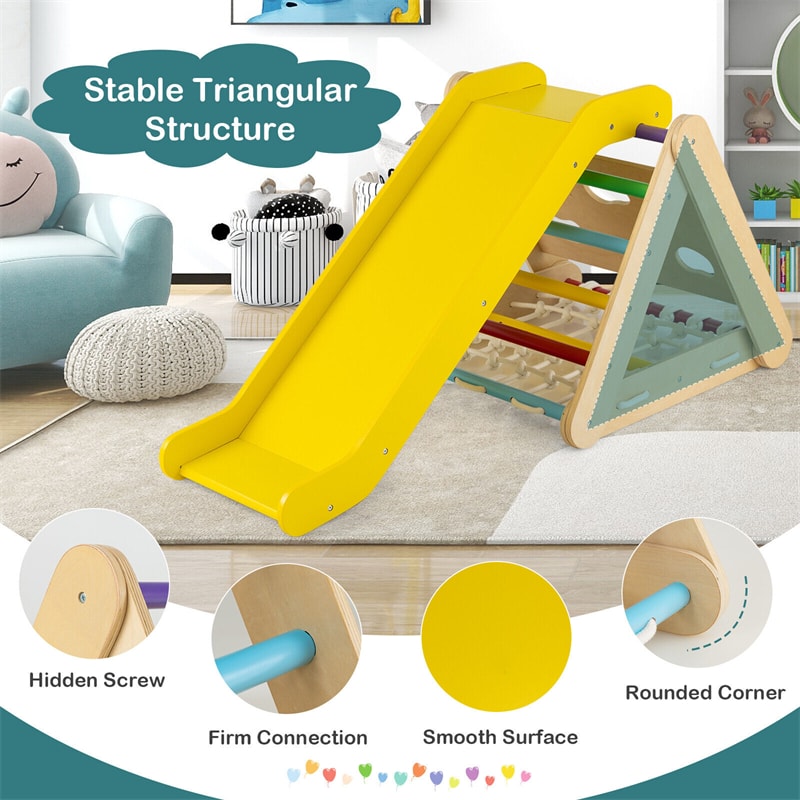 3-Side Wooden Triangle Climber with Slide Ramp, Climbing Net & Board, 4-in-1 Pikler Triangle Ladder Montessori Climbing Toys for Toddlers