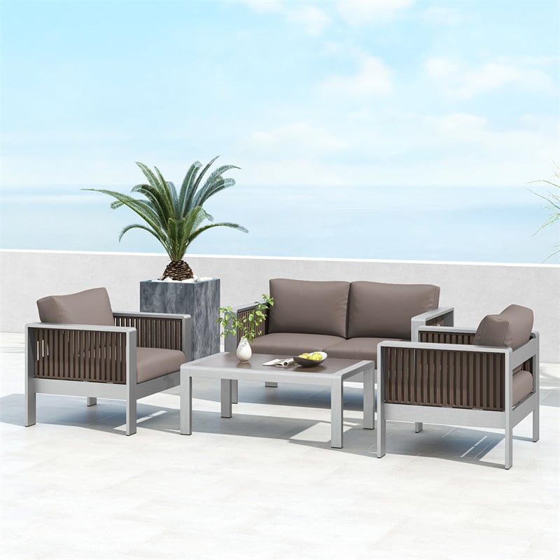 4 Piece Aluminum Patio Furniture Set with Loveseat, Armchairs, Thick Cushions & Tempered Glass Top Table, All-weather Outdoor Lounge Furniture Set