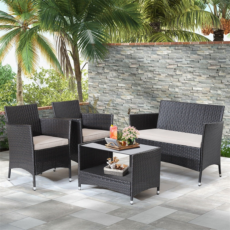 4 Pieces PE Rattan Patio Furniture Set Outdoor Wicker Conversation Set with 2-Tier Coffee Table & Soft Cushions