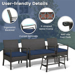 4 Piece Patio Rattan Furniture Set PE Wicker Loveseat Chairs with Seat Cushions, Tempered Glass Coffee Table, Outdoor Conversation Set