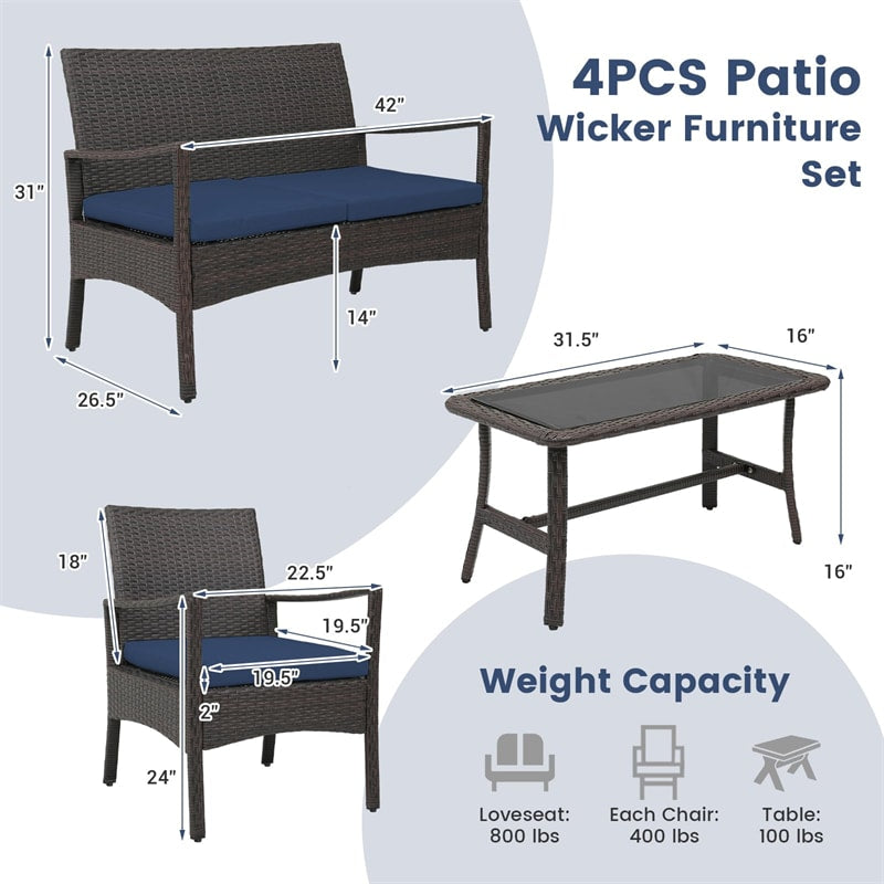 4 Piece Patio Rattan Furniture Set PE Wicker Loveseat Chairs with Seat Cushions, Tempered Glass Coffee Table, Outdoor Conversation Set