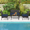 4 Piece Patio Rattan Furniture Set PE Wicker Loveseat Chairs with Seat Cushions, Tempered Glass Coffee Table, Outdoor Conversation Set