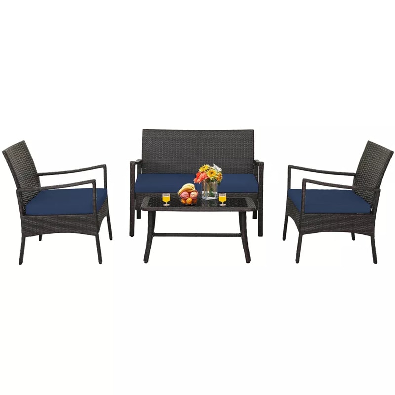 4 Piece Patio Rattan Furniture Set PE Wicker Loveseat Chairs with Seat Cushions, Tempered Glass Coffee Table, Outdoor Conversation Set