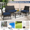 4 Piece Patio Rattan Furniture Set PE Wicker Loveseat Chairs with Seat Cushions, Tempered Glass Coffee Table, Outdoor Conversation Set