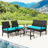 4 Piece Patio Rattan Furniture Set PE Wicker Loveseat Chairs with Seat Cushions, Tempered Glass Coffee Table, Outdoor Conversation Set