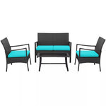 4 Piece Patio Rattan Furniture Set PE Wicker Loveseat Chairs with Seat Cushions, Tempered Glass Coffee Table, Outdoor Conversation Set