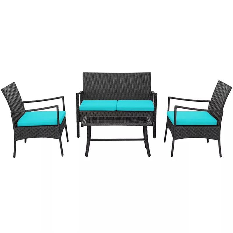 4 Piece Patio Rattan Furniture Set PE Wicker Loveseat Chairs with Seat Cushions, Tempered Glass Coffee Table, Outdoor Conversation Set