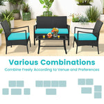 4 Piece Patio Rattan Furniture Set PE Wicker Loveseat Chairs with Seat Cushions, Tempered Glass Coffee Table, Outdoor Conversation Set