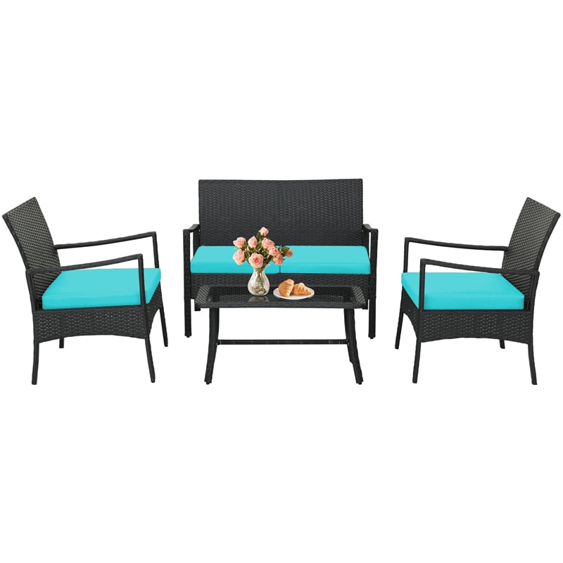 4 Piece Patio Rattan Furniture Set PE Wicker Loveseat Chairs with Seat Cushions, Tempered Glass Coffee Table, Outdoor Conversation Set