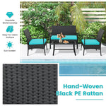 4 Piece Patio Rattan Furniture Set PE Wicker Loveseat Chairs with Seat Cushions, Tempered Glass Coffee Table, Outdoor Conversation Set