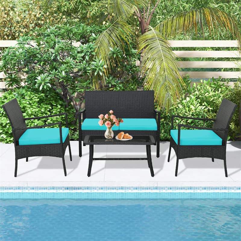 4 Piece Patio Rattan Furniture Set PE Wicker Loveseat Chairs with Seat Cushions, Tempered Glass Coffee Table, Outdoor Conversation Set