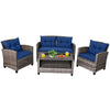 4 Piece Patio Wicker Conversation Furniture Set Outdoor Rattan Sofa Seating Group with Padded Cushions & Tempered Glass Coffee Table