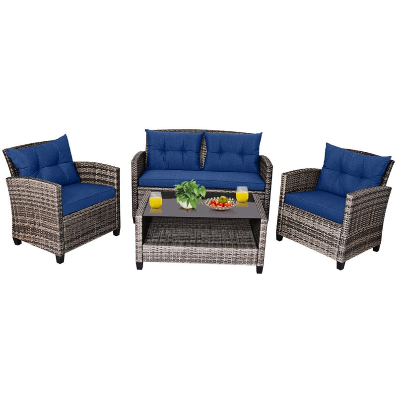 4 Piece Patio Wicker Conversation Furniture Set Outdoor Rattan Sofa Seating Group with Padded Cushions & Tempered Glass Coffee Table