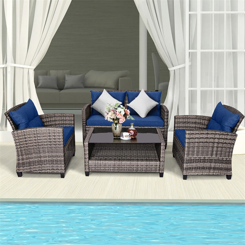 4 Piece Patio Wicker Conversation Furniture Set Outdoor Rattan Sofa Seating Group with Padded Cushions & Tempered Glass Coffee Table