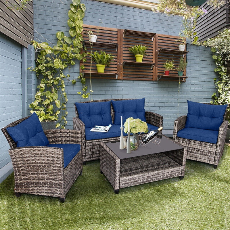 4 Piece Patio Wicker Conversation Furniture Set Outdoor Rattan Sofa Seating Group with Padded Cushions & Tempered Glass Coffee Table