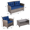 4 Piece Patio Wicker Conversation Furniture Set Outdoor Rattan Sofa Seating Group with Padded Cushions & Tempered Glass Coffee Table