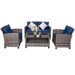 4 Piece Patio Wicker Conversation Furniture Set Outdoor Rattan Sofa Seating Group with Padded Cushions & Tempered Glass Coffee Table