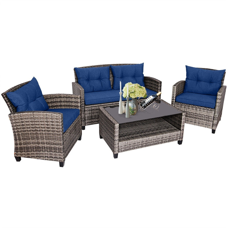 4 Piece Patio Wicker Conversation Furniture Set Outdoor Rattan Sofa Seating Group with Padded Cushions & Tempered Glass Coffee Table